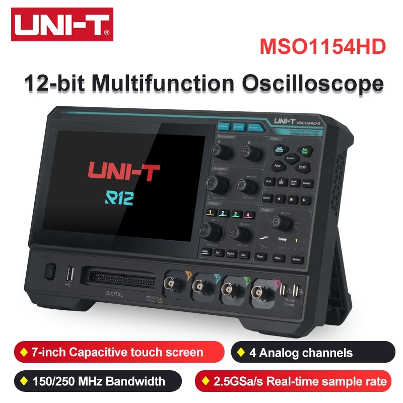 UNI-T MSO1154HD 4 Channels Digital Oscilloscope 2.5GSa/s 12-bit ADC 7-inch High Resolution Tablet Oscilloscope Spectrum Analyzer
