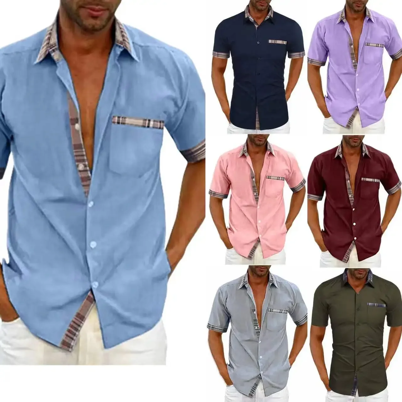 Camicia da uomo primavera estate tinta unita maniche corte colletto couverture tasche con bottoni moda casual comoda vestibilità standard regolare