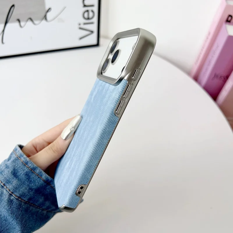 Luxo denim jeans caso de telefone para iphone 11 12 13 14 15 16 17 pro max plus ar 17air 17promax lente galvanizada capa de couro