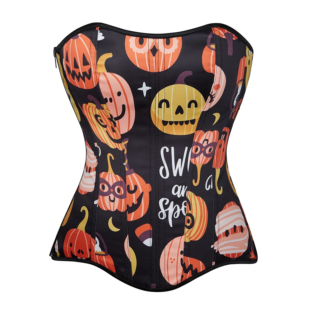 Women Overbust Corselet Pumpkin Skull Print Burlesque Corset Halloween Costumes Vintage Bustier Top