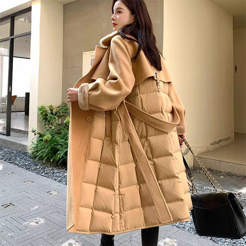 Winter Cashmere Fur Collar Woolen Windbreaker Cotton Coat For Women Adjustable Waist Ladies Long Fashion Overcoat Windbreaker