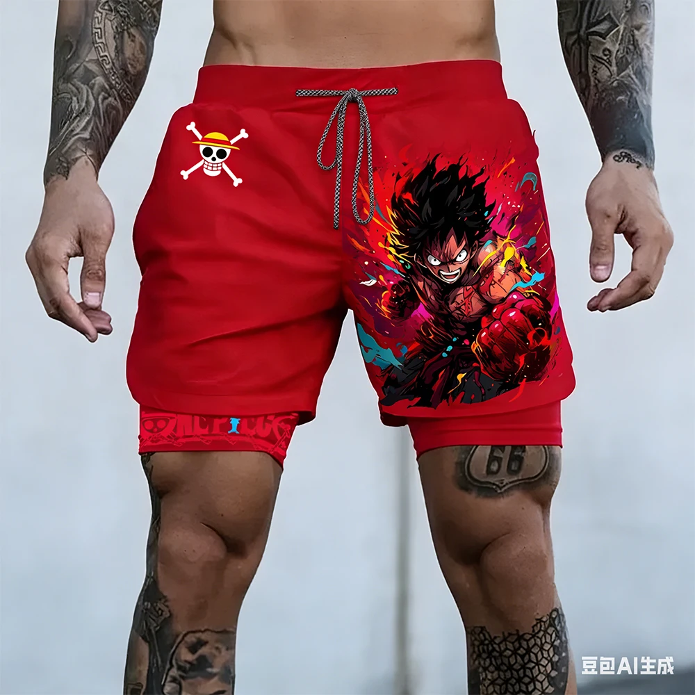 

Summer New One Piece Monkey D. Luffy 3D Double Layer Tight Fitness Shorts Men Loose Breathable Speed Drying Sports Running Short