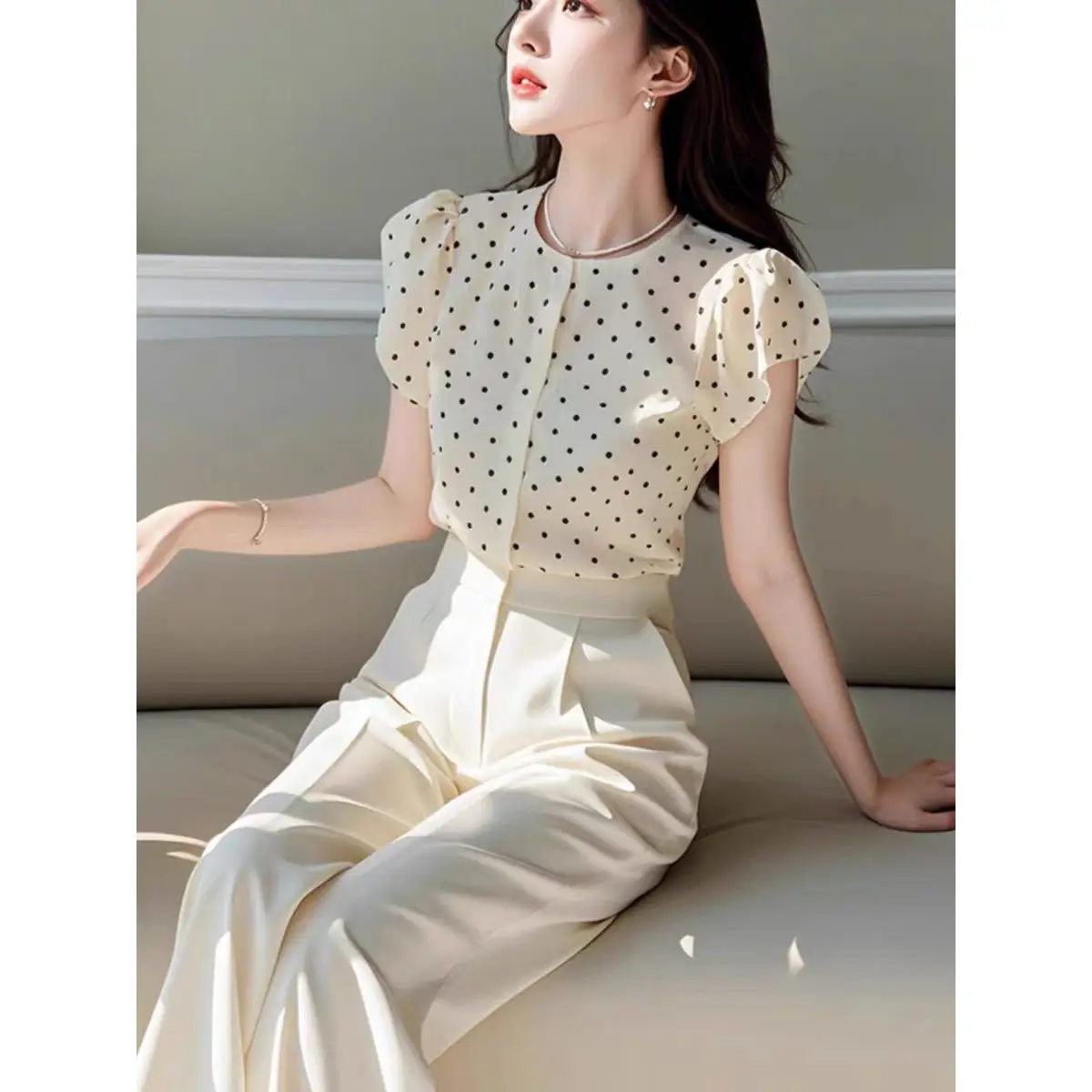 New Summer Elegant Women's Two Piece Set O-neck Puff Short Sleeve Dot Shirt Top + Wide Leg Pants Fashion Office Lady Suit