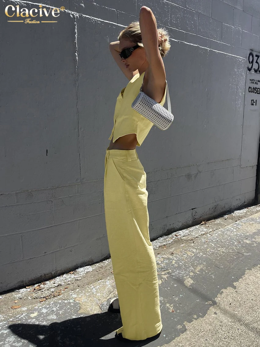 Clacive Summer Loose Yellow 2 Piece Sets Women Outfit 2024 Fashion Sleeveless Tank Top With Mid Wiast Wide Pants Set Female