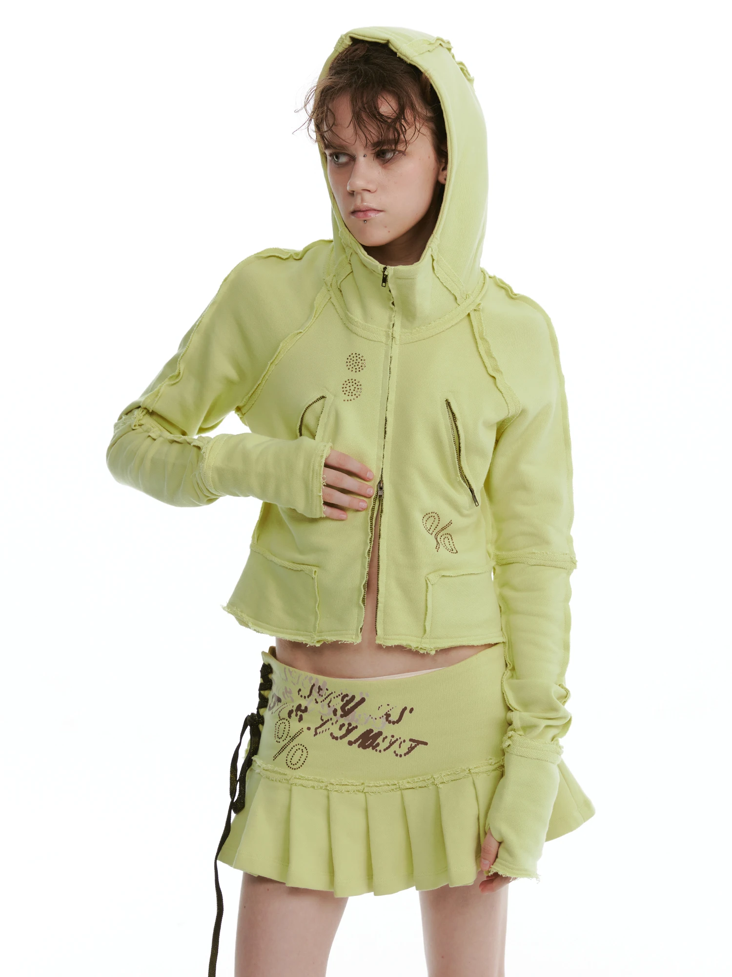 

Green Hoodie Women's Comfortable Double Zipper Jacket Versatile Casual Style Long Sleeve High Waist Pants Fashion Set