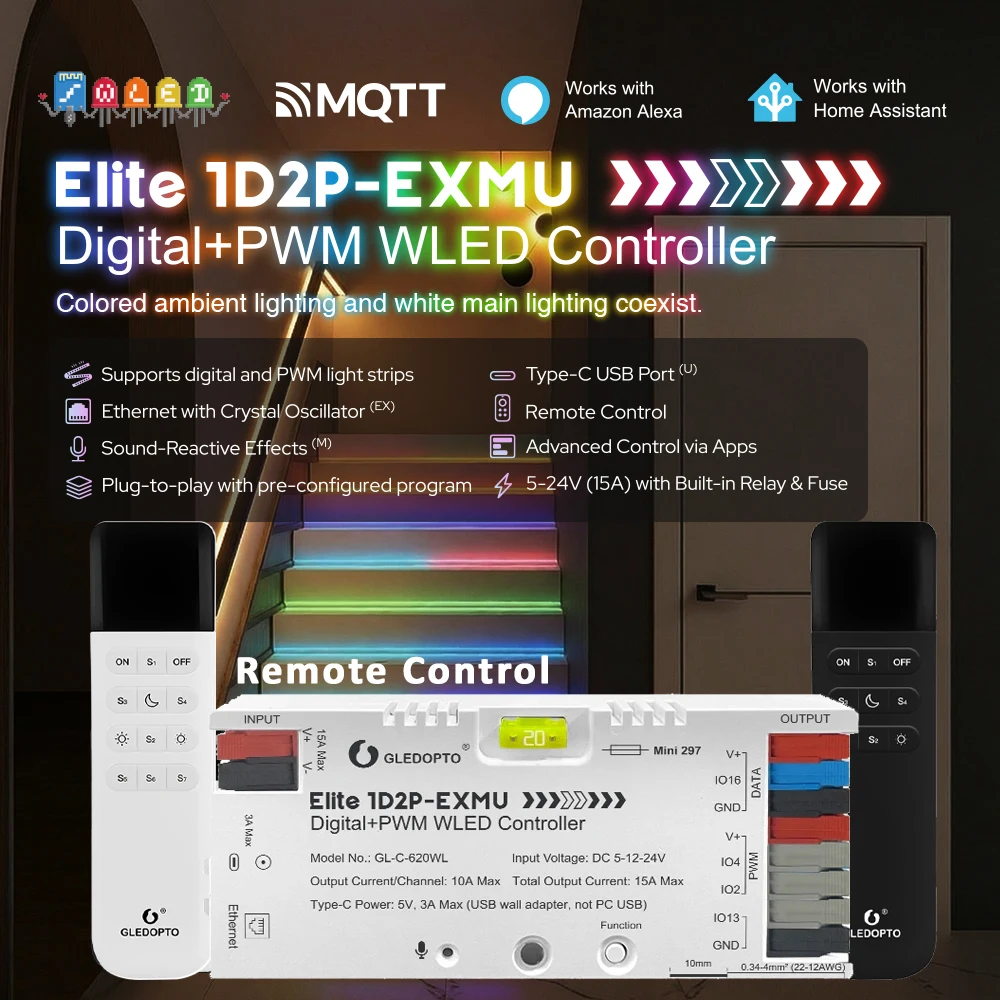

Контроллер 1D2P-EXMU Digital+PWM WLED GL-C-620WL Elite Serie ESP32 для светодиодных лент с управлением по Ethernet, синхронизацией музыки и поддержкой Alexa Smart Light