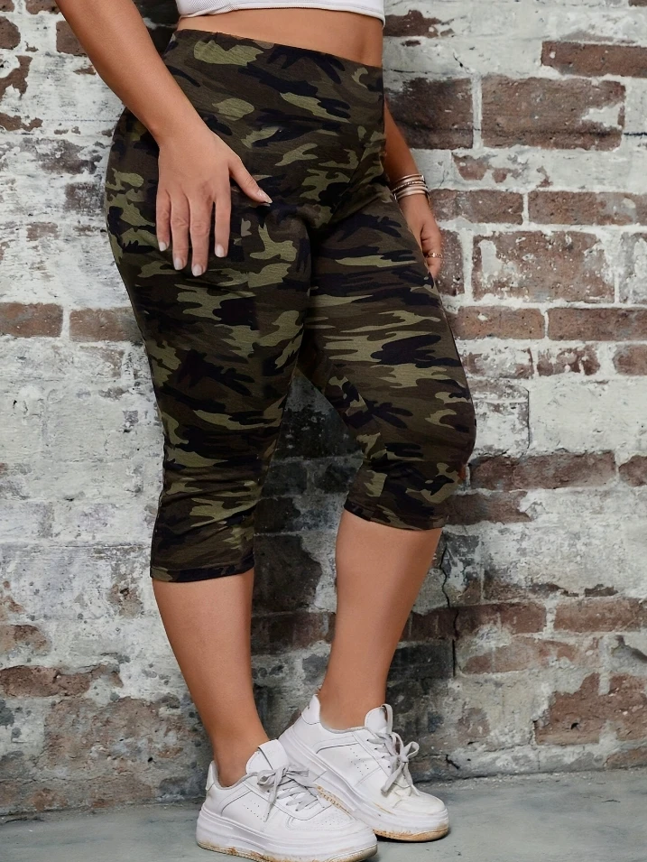 Fashionable Casual Cropped Trousers for Women 2024 Summer Basic Style Camouflage Printed High Waisted Tight Fit Pants