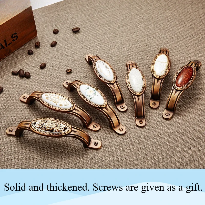 Zinc alloy retro handles for drawers, doors, windows and cabinets, coffee cat's eye handles, black and brown jade stone handles