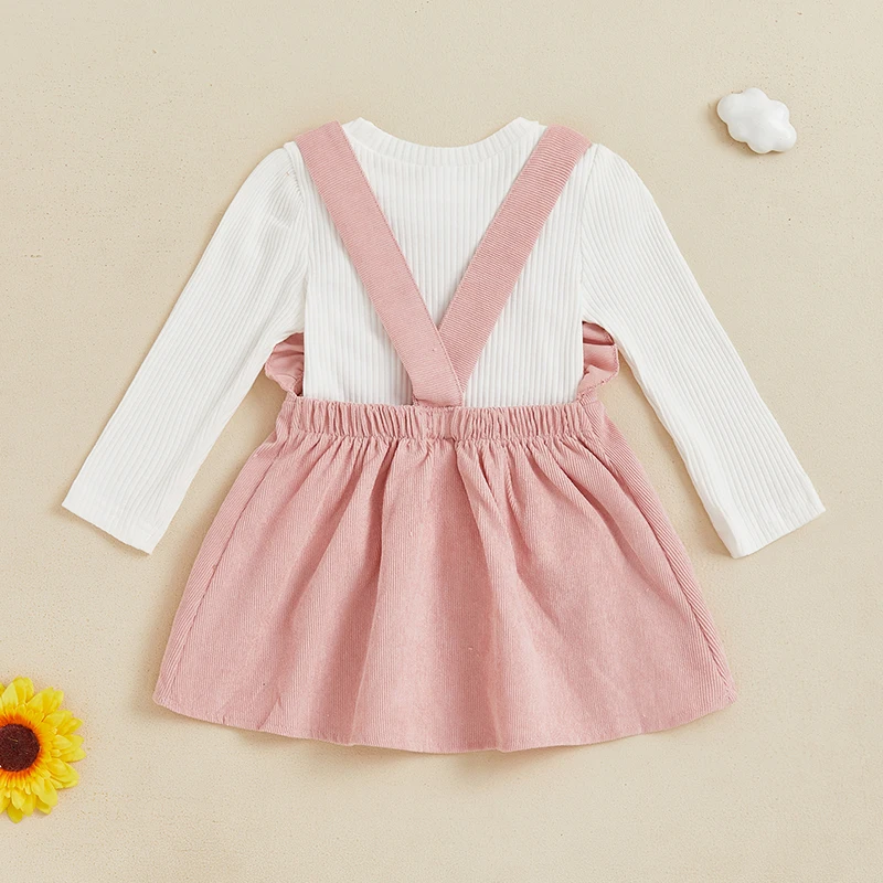 Little Girl Fall Outfit Long Sleeve Ribbed Tops Ruffle Trim 3D Flower Suspender Skirt with Front Pockets 2 Piece Set