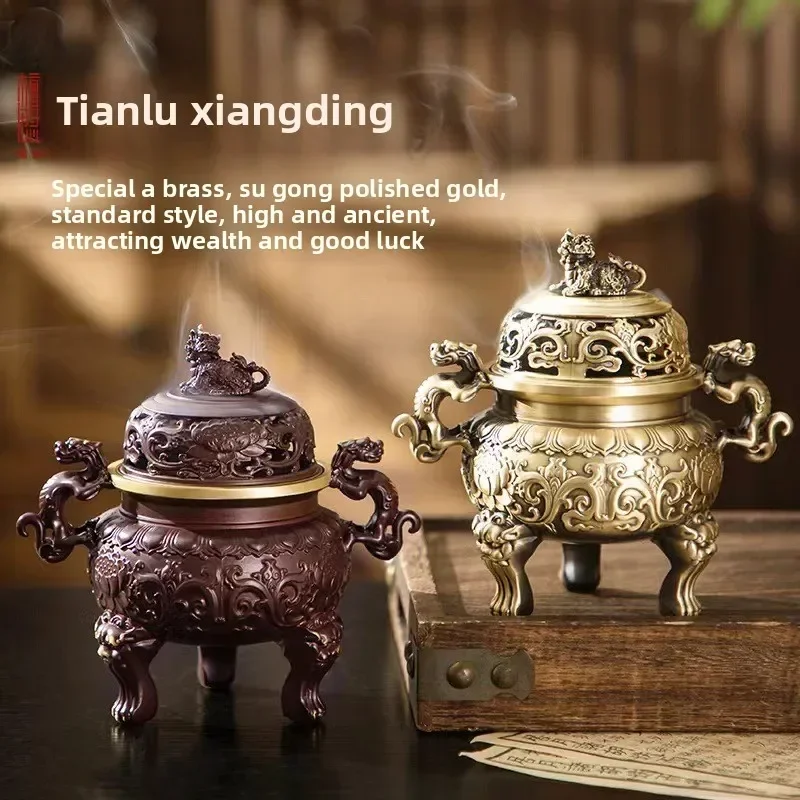 TQH-i7.7 antique lion Erlong play bead incense   beast ear three-legged incense burner home office sandalwood brass aromatherapy