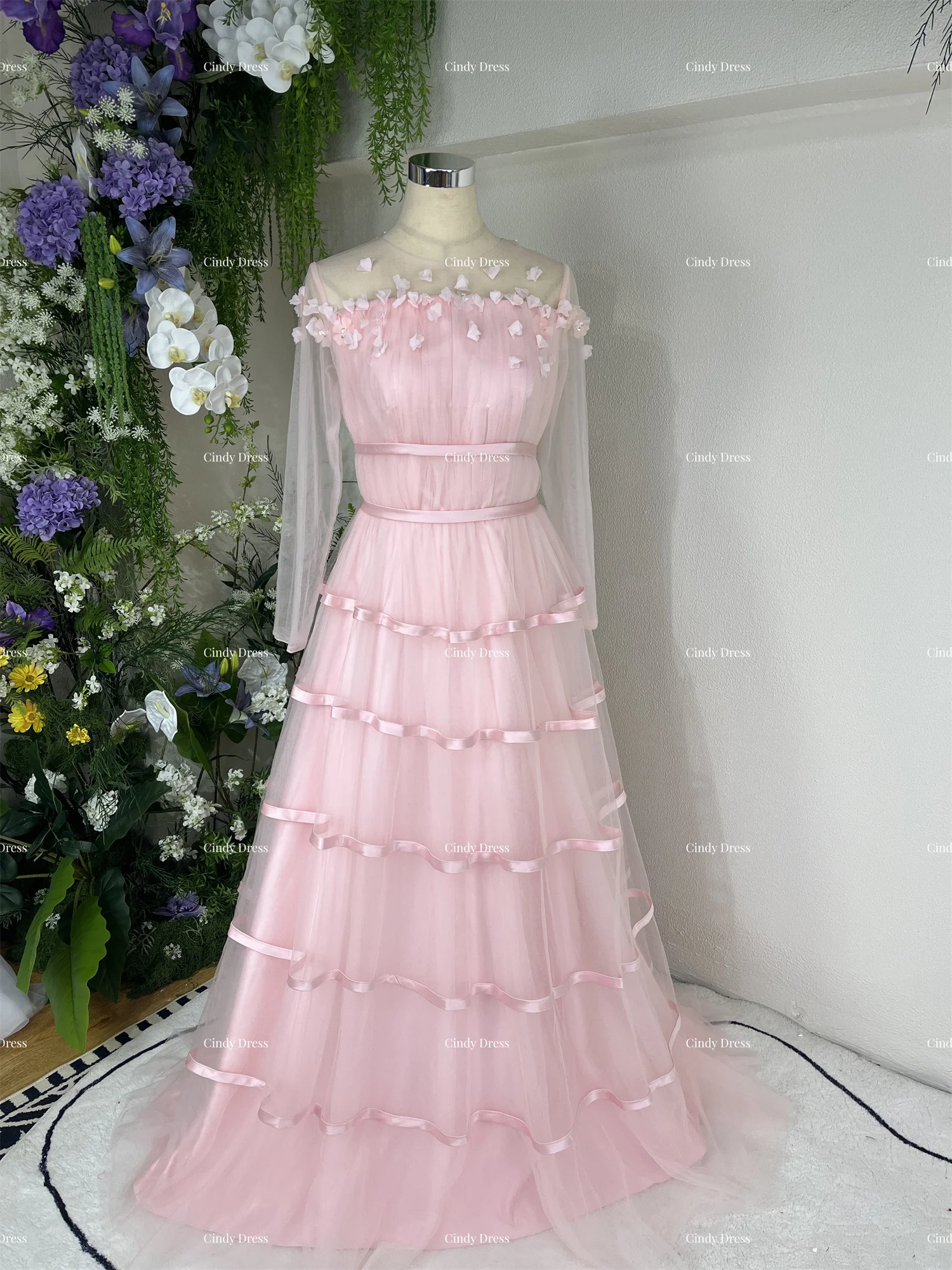 Flesh Pink Round Neck 3D Flowers A-line Multi-layer Chubby Elegant Party Dress Customized Woman Evening Gala Prom Wedding Dress