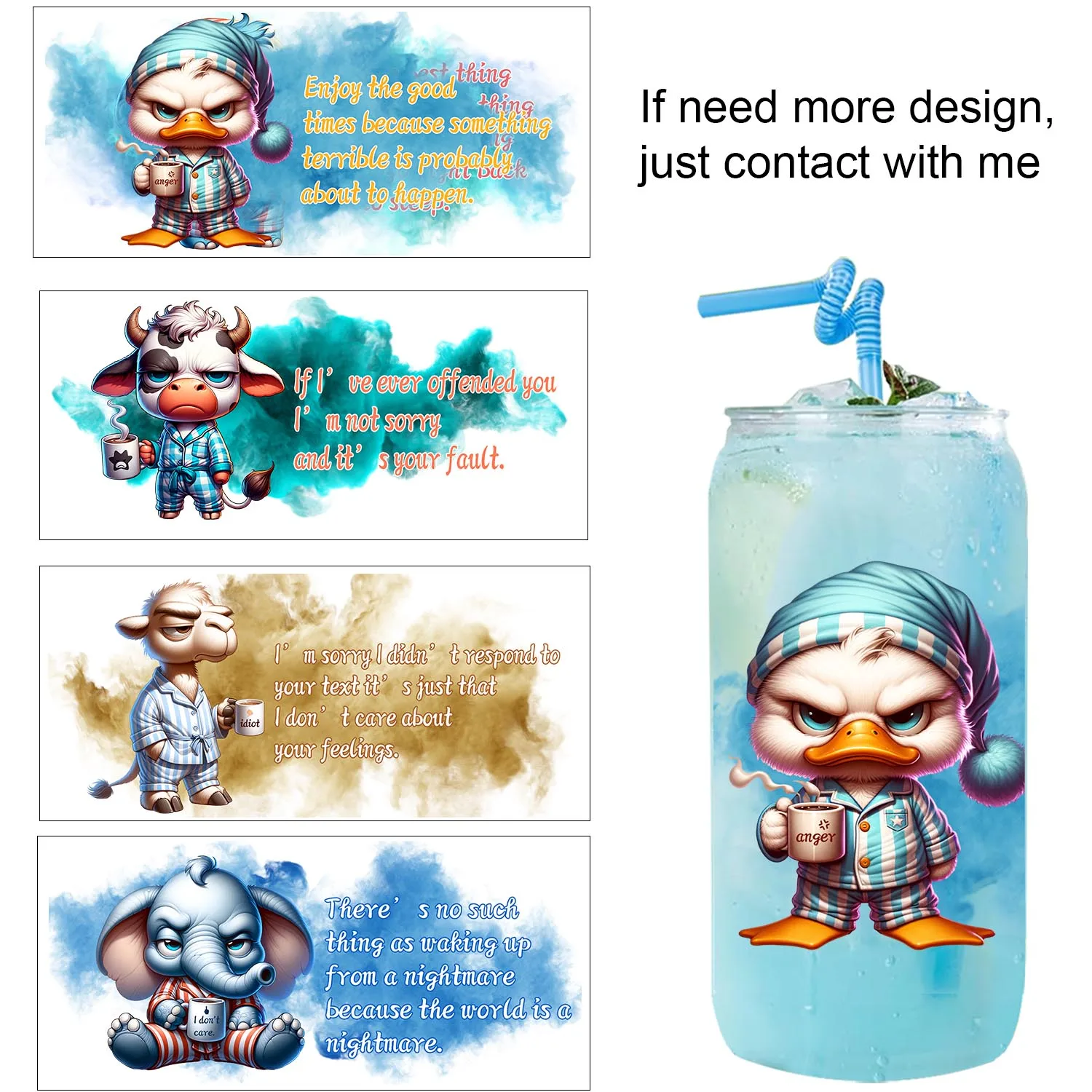 

Funny Animals quotes easy peel waterproof Party DIY Decals 3D transfers uvdtf tumbler seal stickers 16oz uv dtf cup wraps