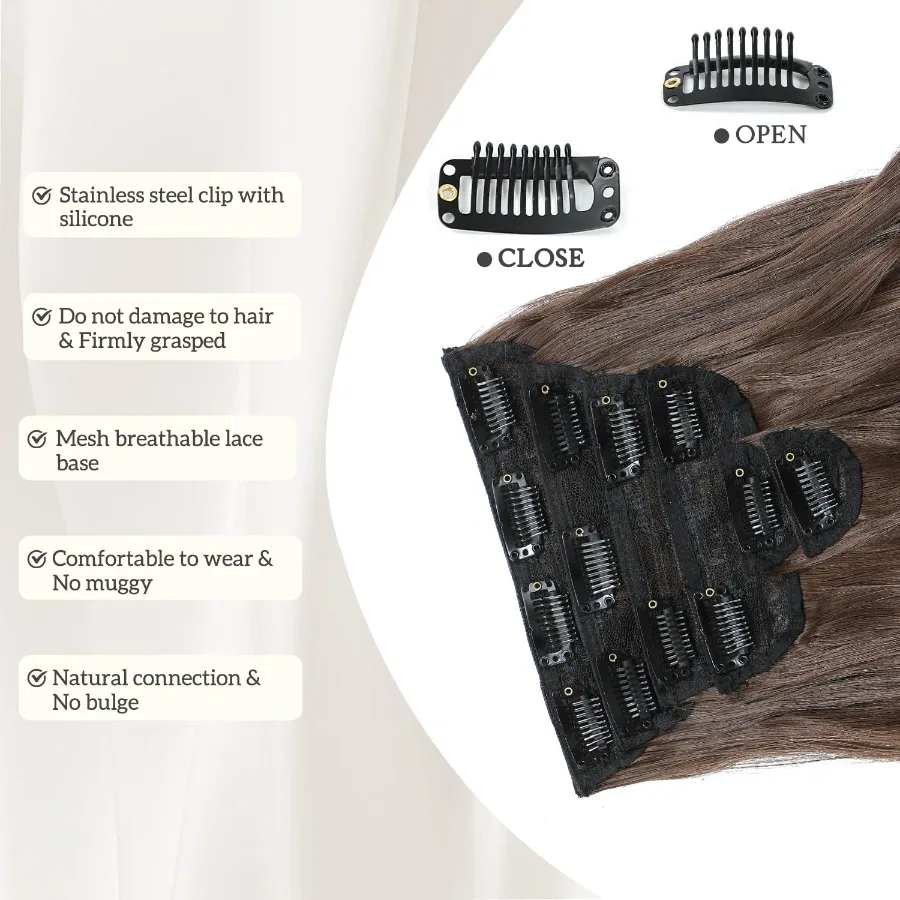 وصلات شعر كليبين للنساء كستنائي بني طويل متموج وصلات شعر 6 قطعة 16 بوصة شعر صناعي ناعم وطبيعي سميك Pi #5