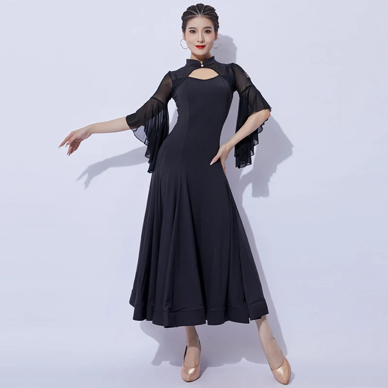 Vestido de dança de salão Flare para mulheres, traje de competição, roupas tango, vestidos de valsa, preto e vermelho VDB7281