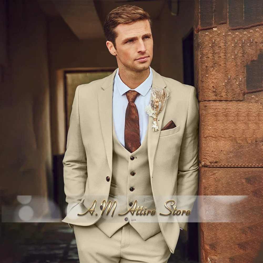 

Elegant men's 3-piece suit classic khaki jacket vest pants slim fit set for wedding groom ball birthday party custom boys tuxedo
