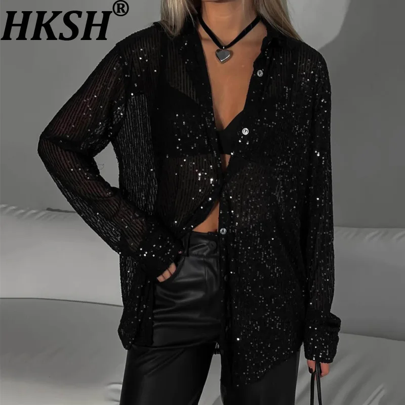 

HKSH Autumn New Women Trendy Shirt Heavy Craft Sequins Long Sleeve Single Breasted Turn-down Collar Streetwear Sheer Tops HK9096