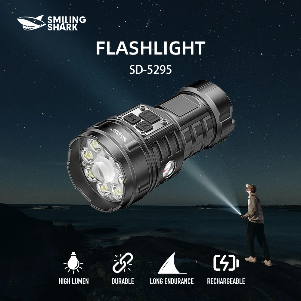1pc Smiling Shark SD-5295 LED Flashlight, Super Bright Handheld Flashlight, Long-lasting Flash Light Rechargeable for Outdoors
