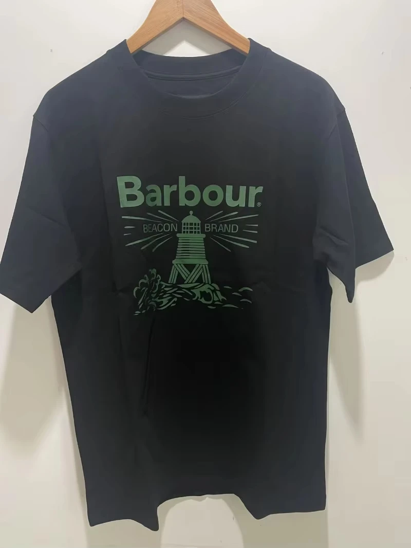 En el verano de 2025, camisetas Unisex de manga corta de algodón para exteriores de marca de lujo con estampado Barbour para mujer con patrones periféricos