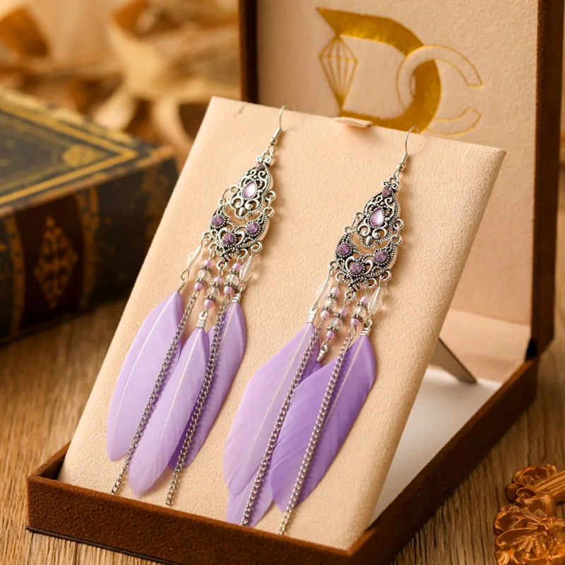 Boucles d'oreilles bohème ethnique goutte d'eau violette pour femme, boucle d'oreille plume, élégante, noble, goutte d'huile, perle de riz, fête, bijoux de mariage