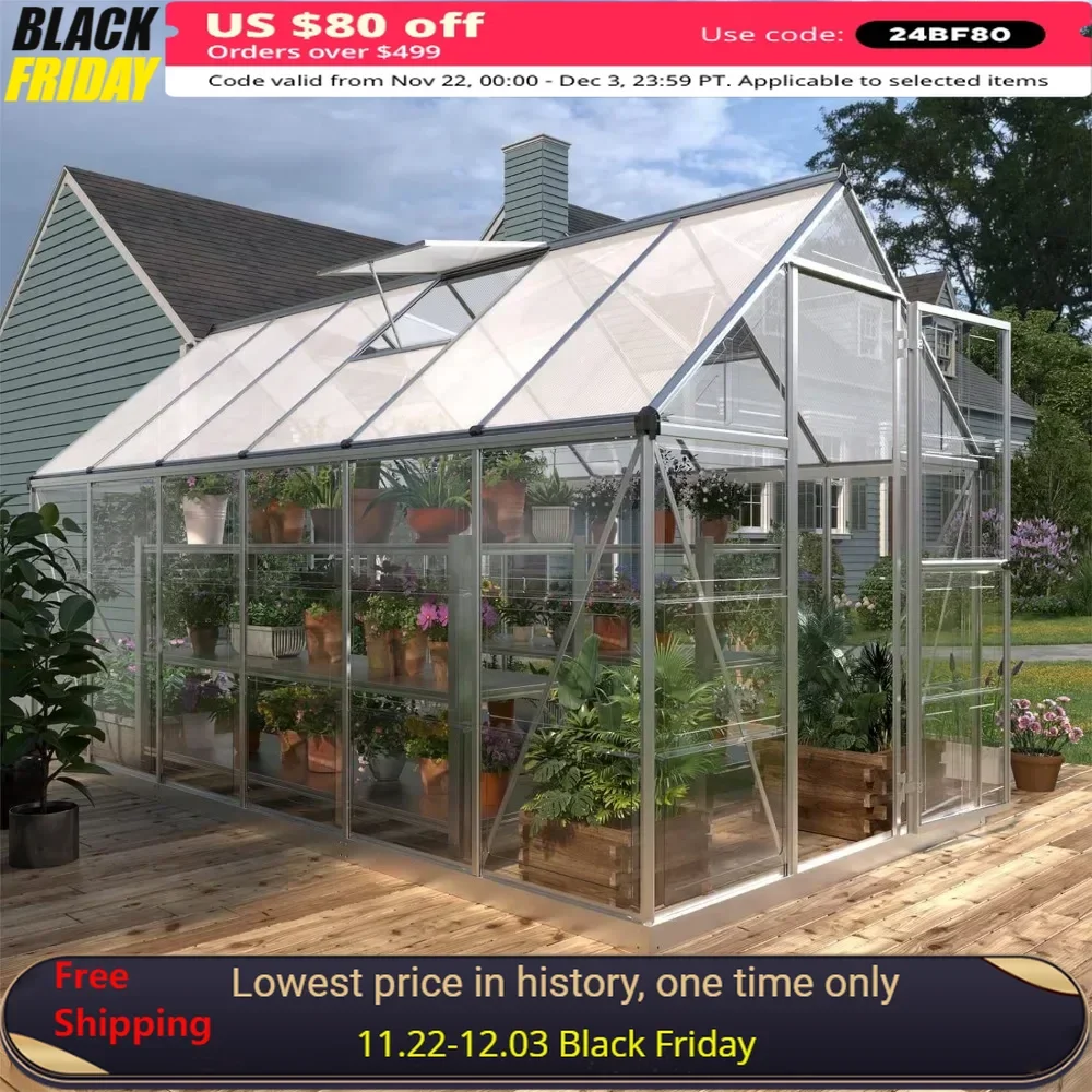 6x12 FT Greenhouse with 2 Vent Window, Lockable Hinged Door, Walk-in Aluminum Hybrid Polycarbonate Greenhouse