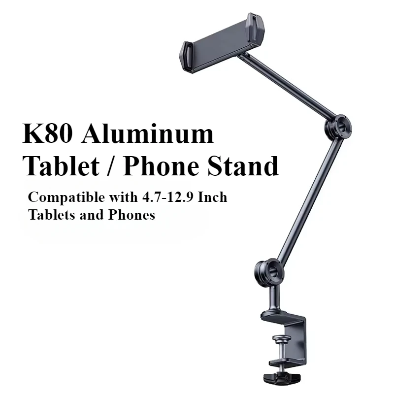 360° Rotating Aluminum Tablet Stand, Adjustable Arm Clamp Mount for IPad Pro/Air/Mini, Compatible with 4.7-12.9 Inch Tablets