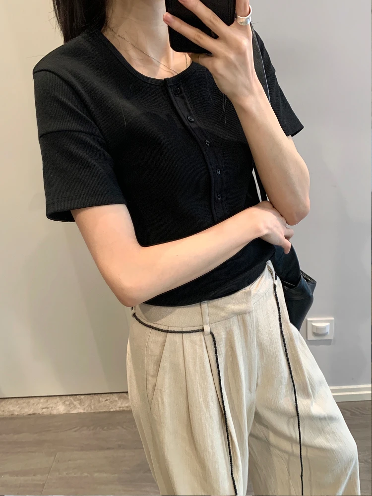 

Slim Fit Knitted ort Sve T-irt Women's Bla Single Button Top Comfortable Polyester Blend Summer Casual Wear