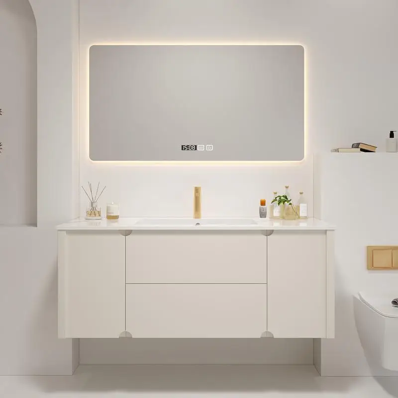 

Кремовый шкаф для ванной комнаты в стиле шеллак, комбинированный, с бесшовной керамической интегрированной раковиной, простой, из массива дерева.