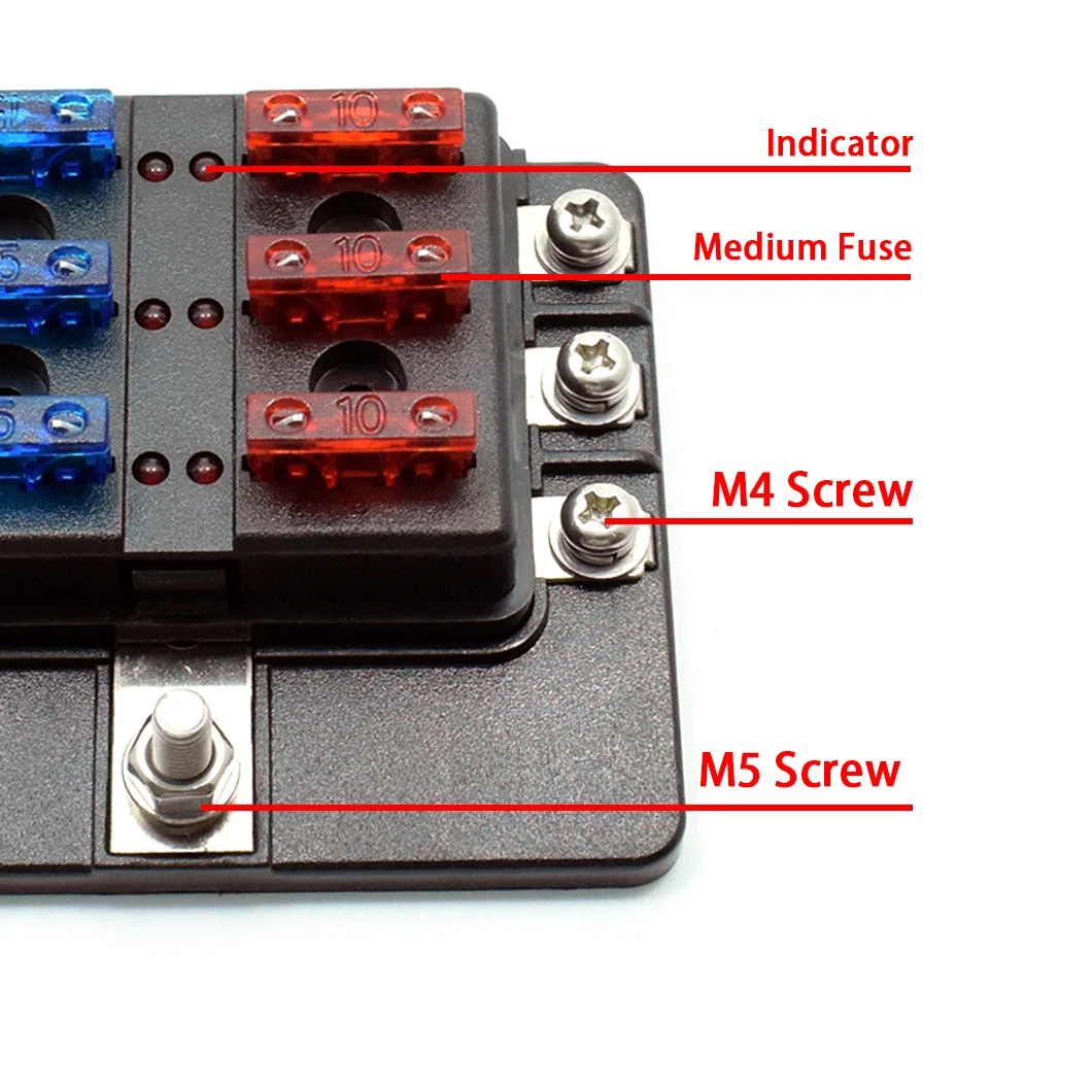 6/8/10/12-Way Fuse Box Medium size Blade Fuse Holder screw terminals Fuse box with LED indicator light