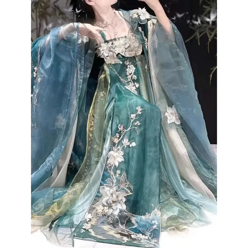 

DY20Женская рубашка Hanfu с тяжелой вышивкой и большими рукавами, юбка Hezi на груди, серия «Двенадцать цветочных богов», весна-лето 25