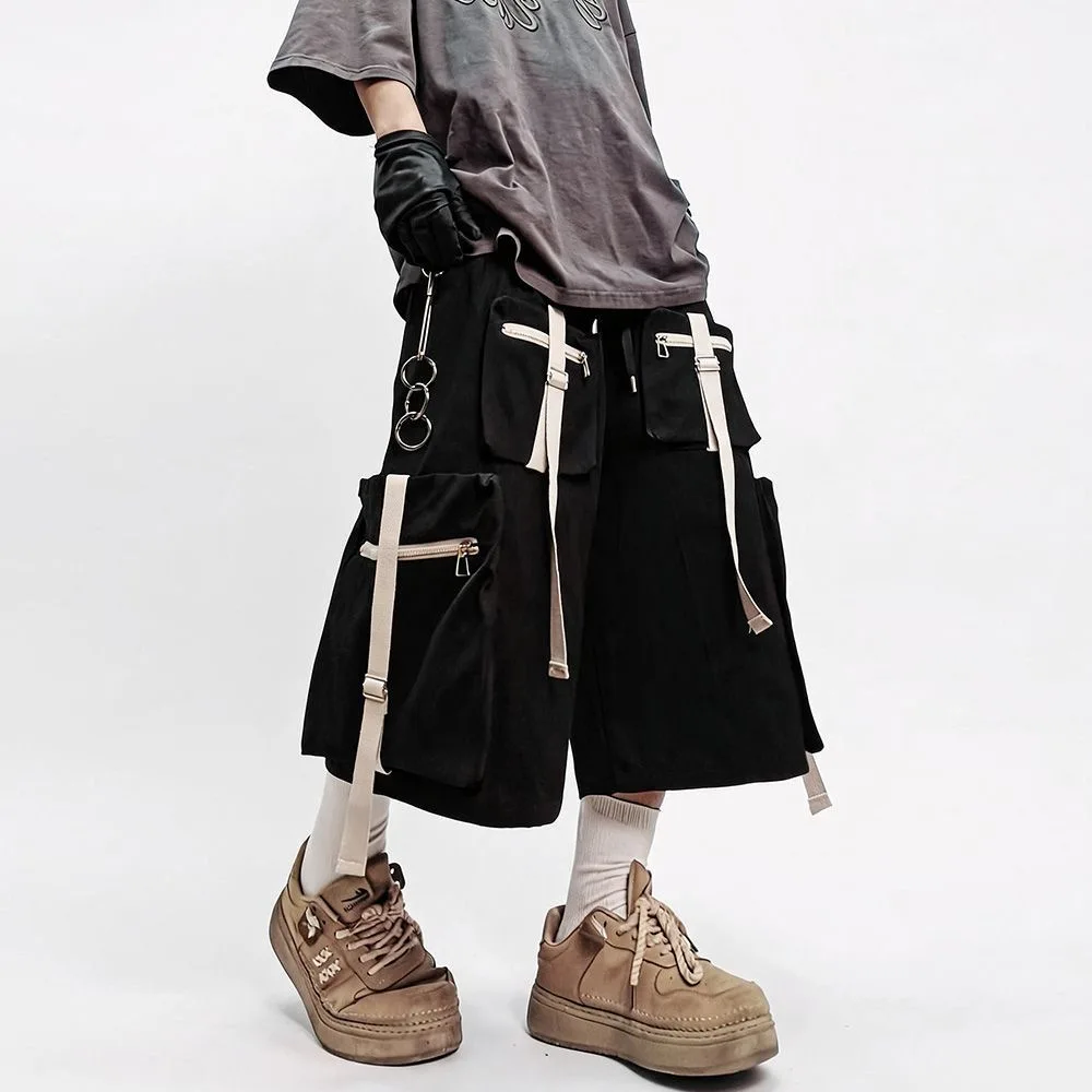 

ARENS Multiple Pockets Cargo Shorts Mens Streetwear Hip Hop Ribbon Pants Harajuku Vintage Baggy Casual Wide-leg Short Male