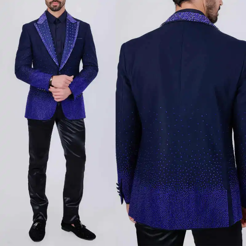 

Exquisite Men Suits 2 Pieces Blazer Pant One Button Peaked Lapel Beaded Crystal Formal Occasion Wedding Groom Tuxedo Customized