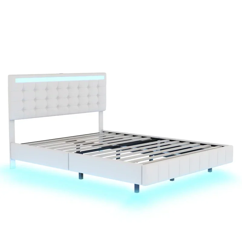 FashionVisual Floating Queen Size LED Floating Bed Frame With Storage Headboard Upholstered Platform，with Charging Station