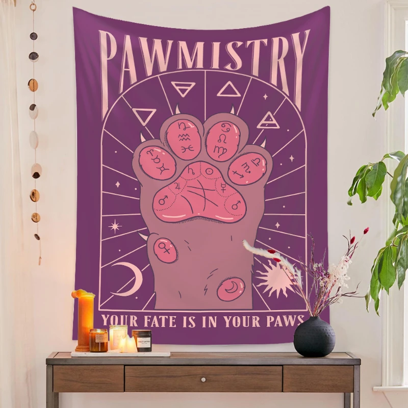VIKAMA Niedlicher Tarot-Katzenkrallen-Wandteppich für Wohnzimmer, Schlafzimmer, Café, Wandbehang im geheimnisvollen Hexenstil, Astrologie-Heimdekoration