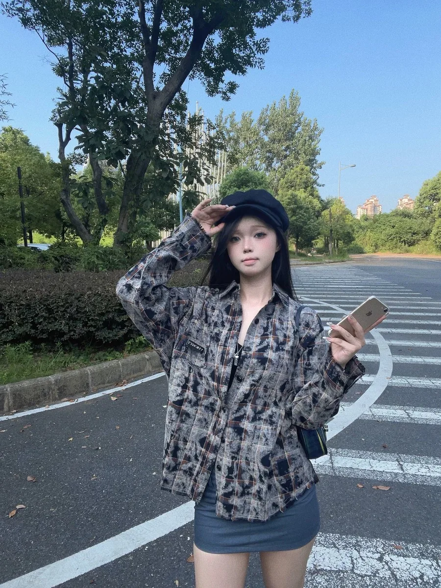 

Свободное повседневное свободное пальто на пуговицах в стиле ретро в американском клетку с вышивкой тай-дай для мужчин и женщин, уличная одежда для пар