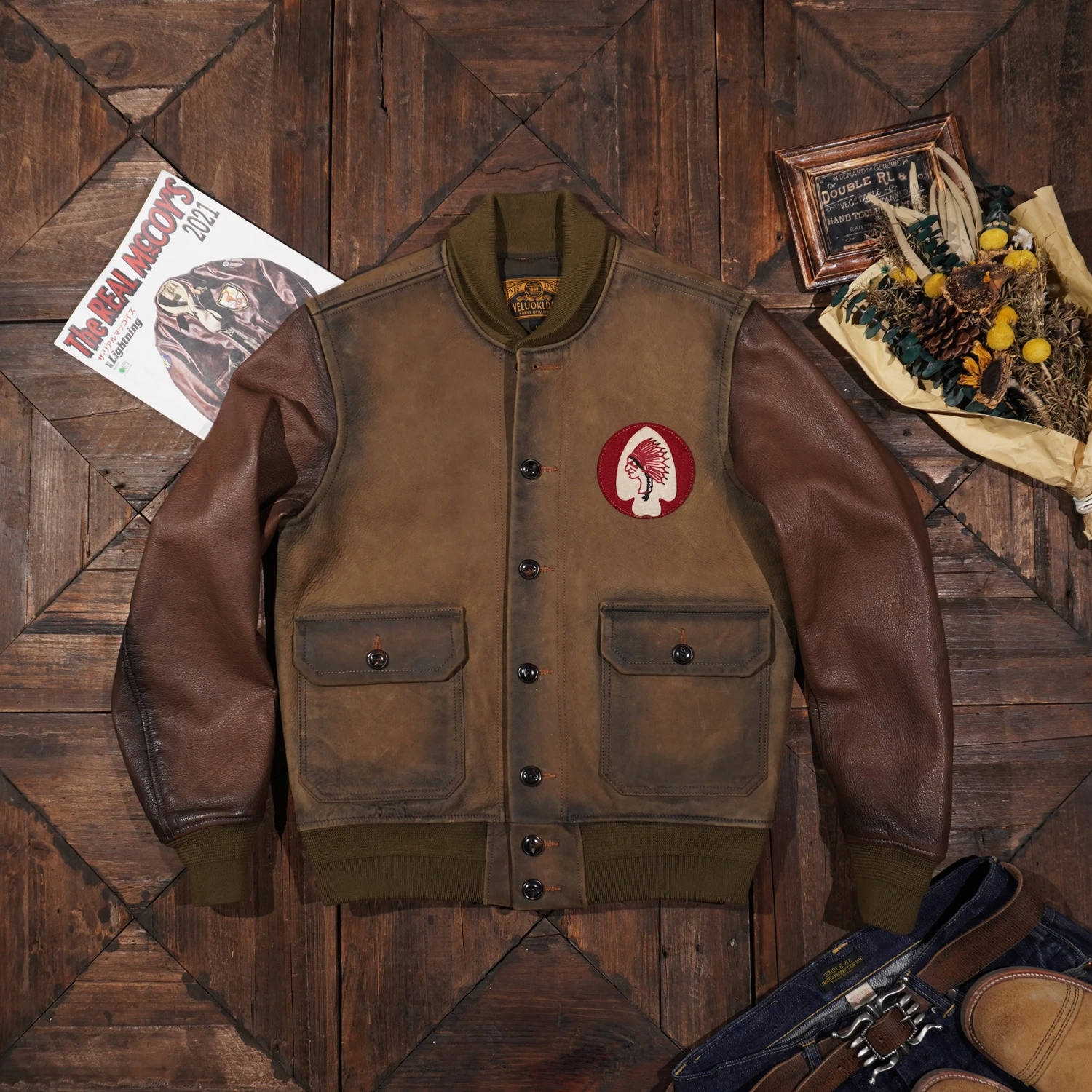 

Tailor Brando American Vintage Classic A1 Cowhide Flight Suit Jacket Leather Jacket Short Biker Jacket Washed and Aged Amei Kaqi