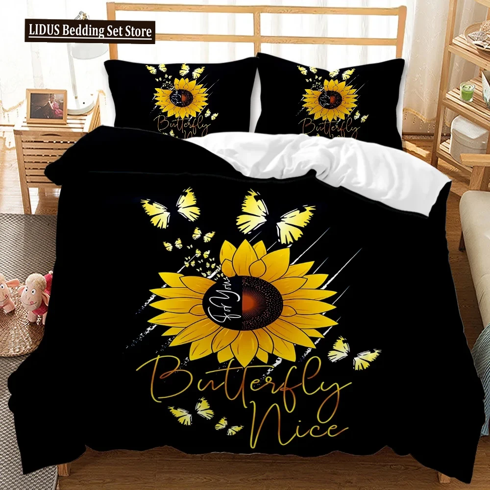 

Sunflower Duvet Cover Set King/Queen Size Print Decor Botanical Plants Yellow Floral Comforter Cover Black Polyester Quilt Cover