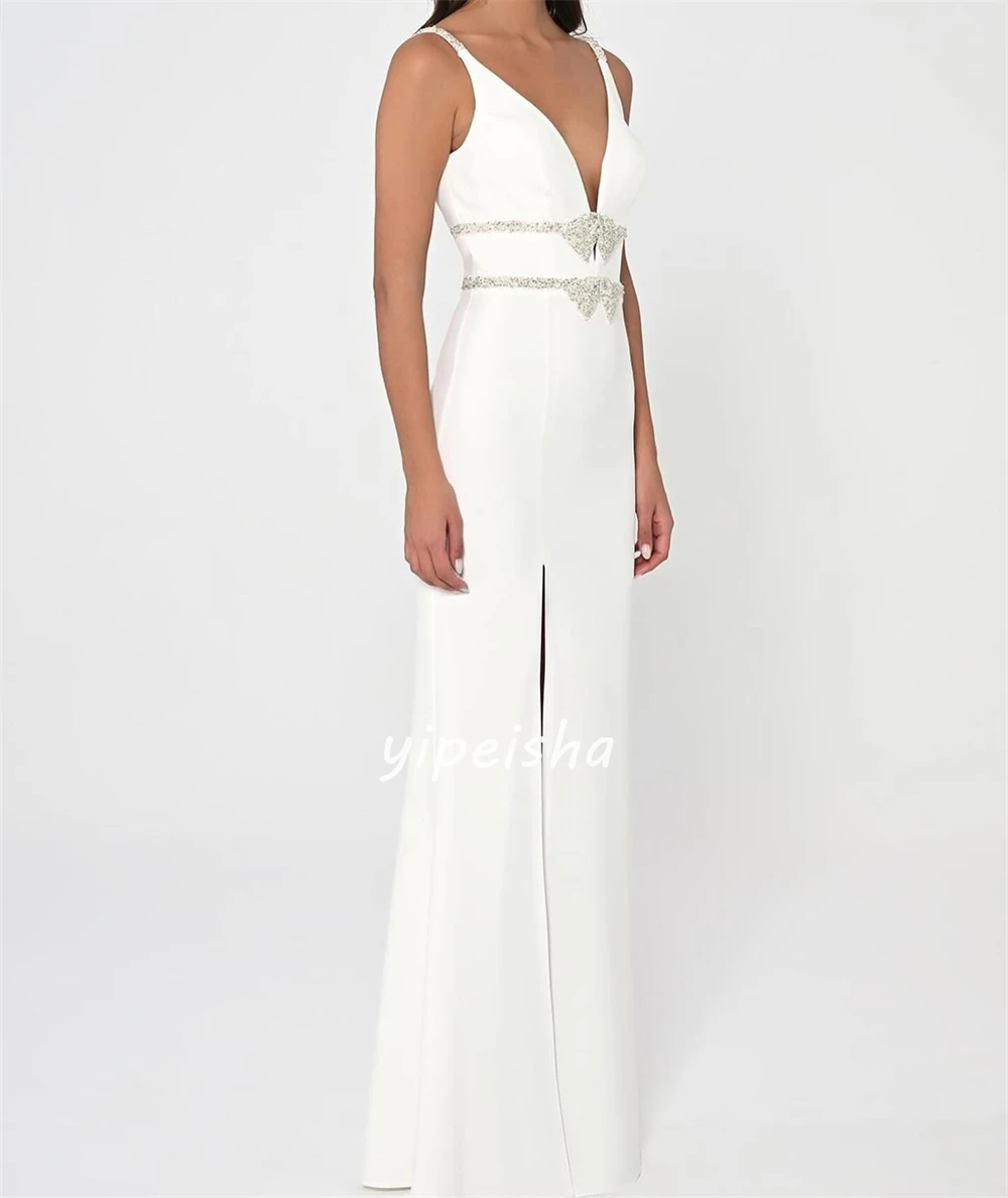 Jersey Rhinestone Engagement A-line V-neck Bespoke Occasion Gown Long Dresses