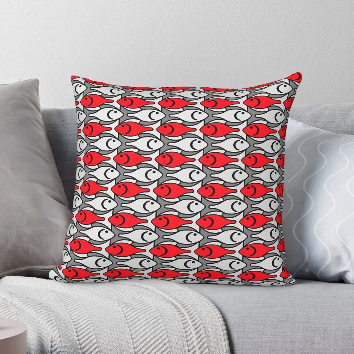 Mid-Century Modern Fish Red Grey Square Pillowcase Polyester Linen Velvet Printed Decorative Pillow Sofa Cushion Cover 45x45