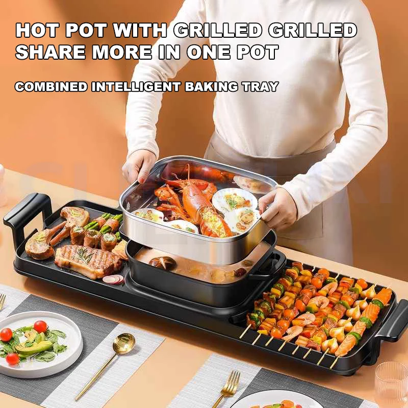 Household Smokeless Barbecue Hot Pot Machine Cooking Baking Plate Integrated Pot Eletrico Griddle Electric Boiling Pot Barbecue