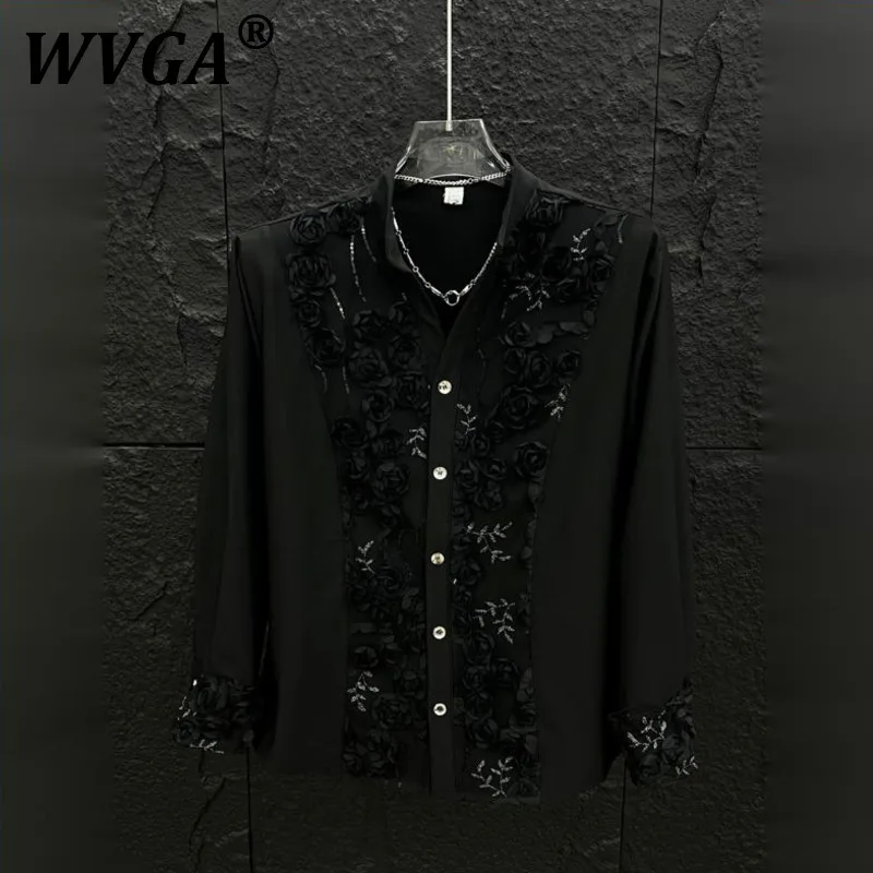 

WVGA Summer New Man Tide Heavy Three-Dimensional Floral Design Long Sleeve Shirts Niche Stylish Casual Stand Collar Shirt W9260