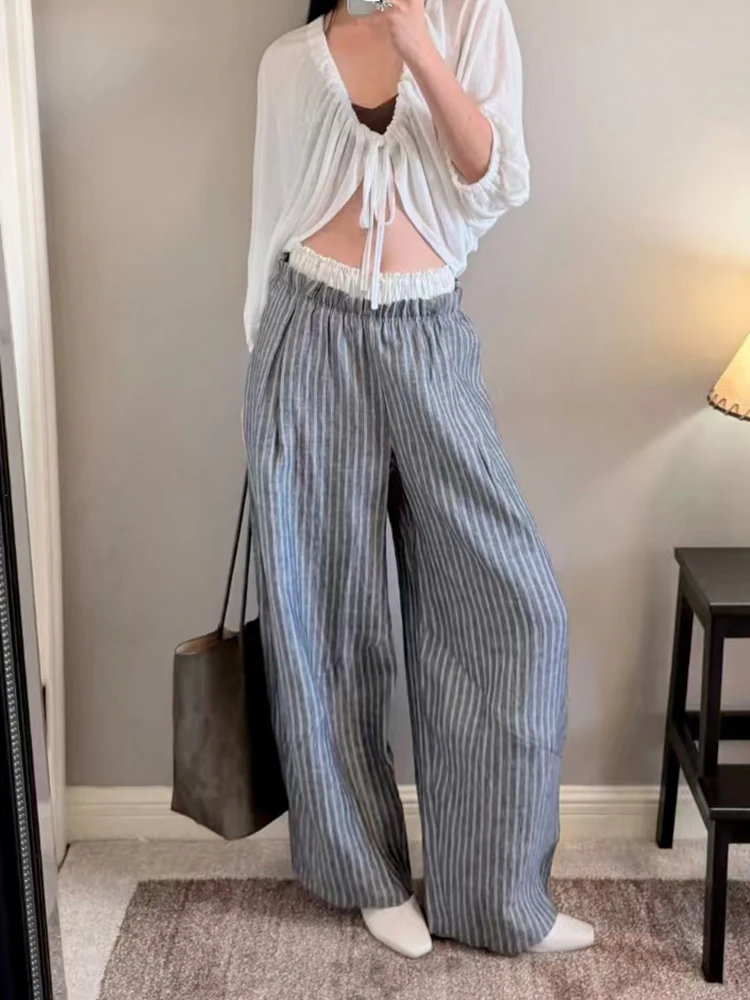 Women's lace elastic waistband striped wide-leg pants - high-waist comfortable loose casual trousers - 2026 new style