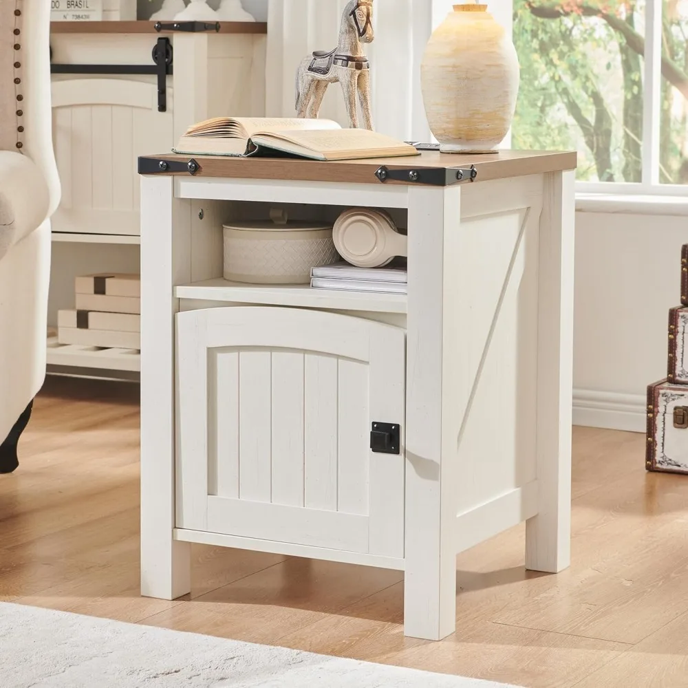 طاولات نهاية مقاس 18 بوصة على طراز المزرعة مع محطة شحن، وطاولات جانبية للأريكة الخشبية الريفية، ومجموعة أرفف تخزين قابلة للتعديل مكونة من قطعتين #6