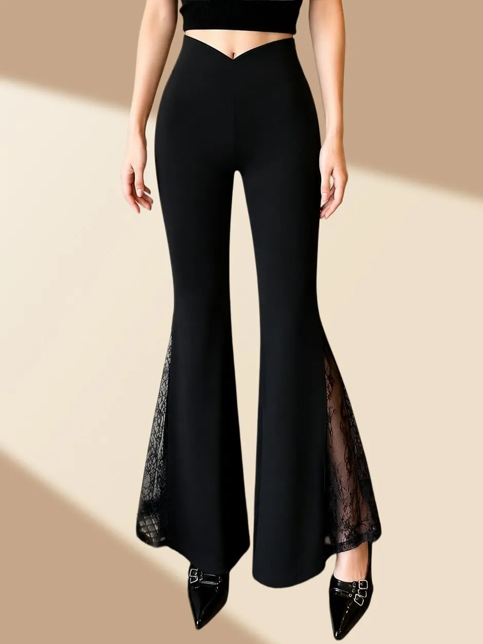 Casual Lace  Patchwork Slit Micro Flared Pants Women's plus Size Slimming Commute Versatile Casual Pants High Waist Zipper