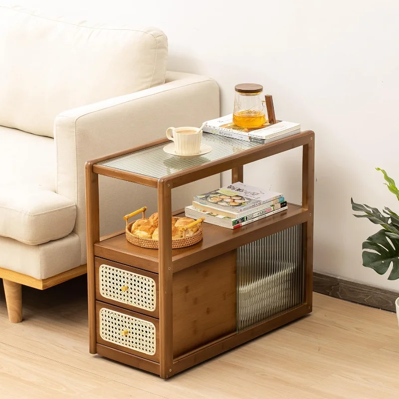 

Rattan Nightstand Side Table, Bamboo Accent Bedside Tables, Glass Coffee Tables, Boho Wooden End Table with Storage for Sm