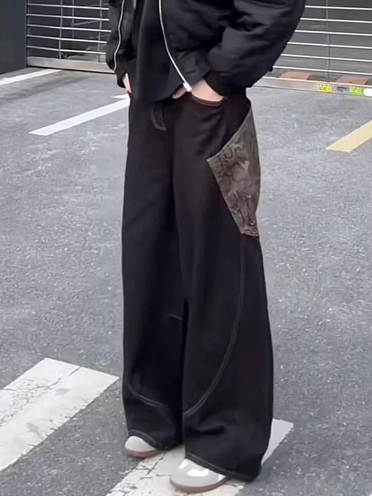 

Лоскутные джинсы из питона, повседневная уличная одежда, джинсовые брюки для мужчин и женщин, широкие потертые мешковатые джинсы, винтажные брюки в стиле хип-хоп, уличные брюки