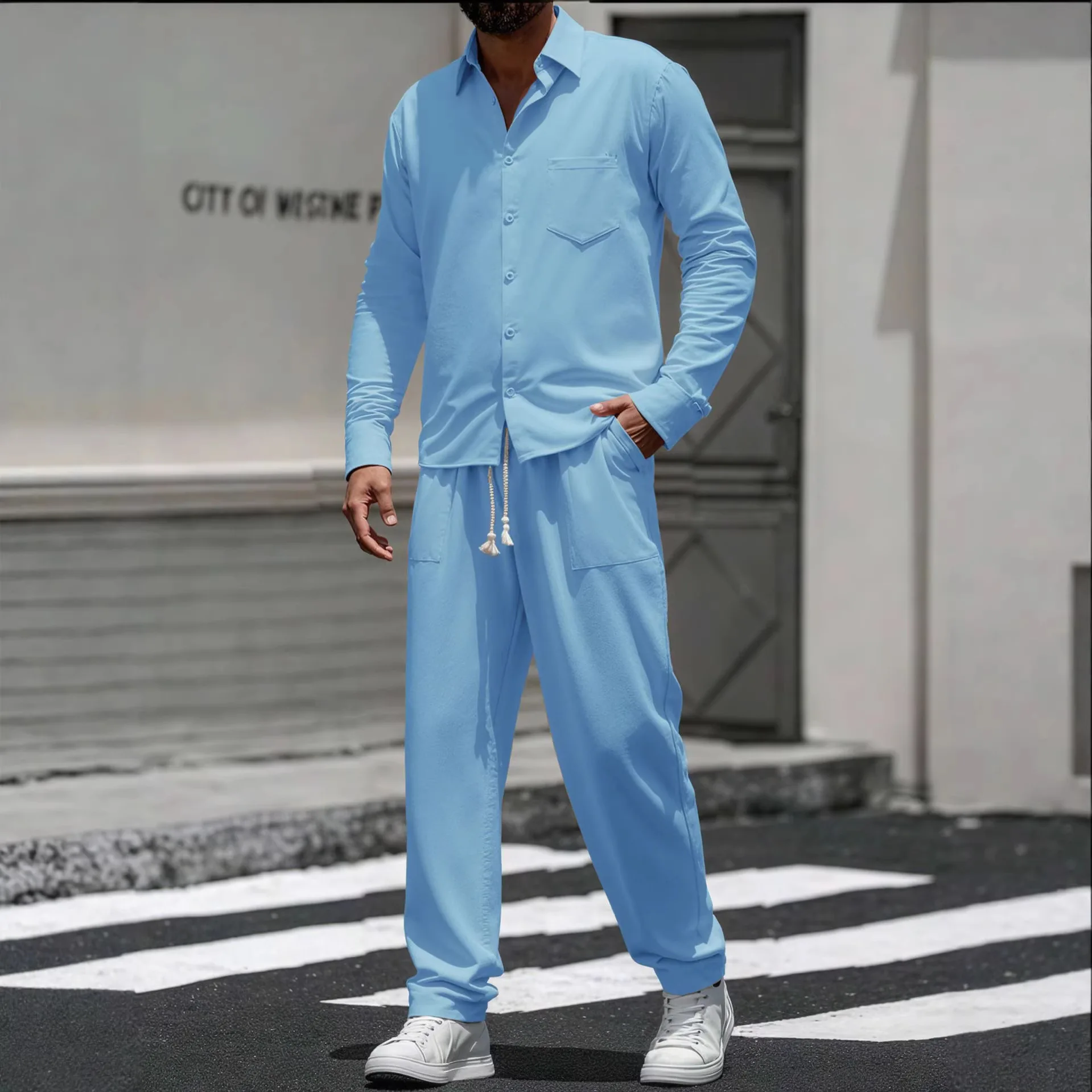 

Casual Cotton Linen Shirt Pants Set for Men Long Sleeve Turn-down Collar Loose Fit Four Seasons Wear Comfortable Breathable