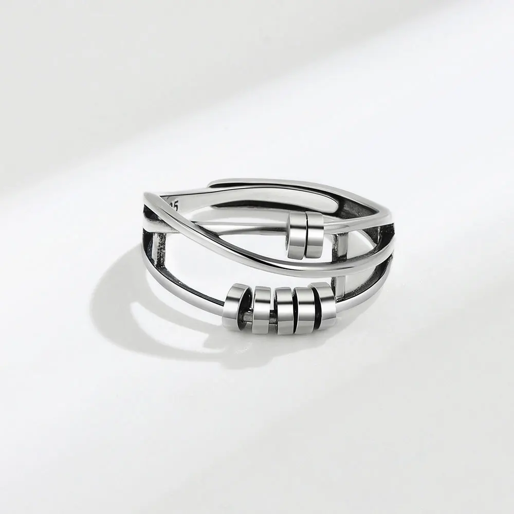 Vintage Round Beads Rotating Anti Stress Ring For Women Twisted Fidget Metal Spinner Anxiety Relief Spinning Ring Bague Femme