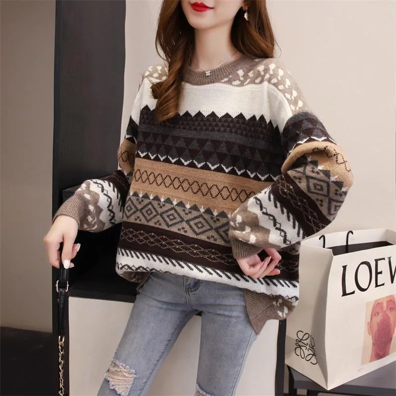 New Autumn and Winter Fashion Lazy Style Retro Jacquard Round Neck Thickened Loose Versatile Western Women\'s Knitted Sweater