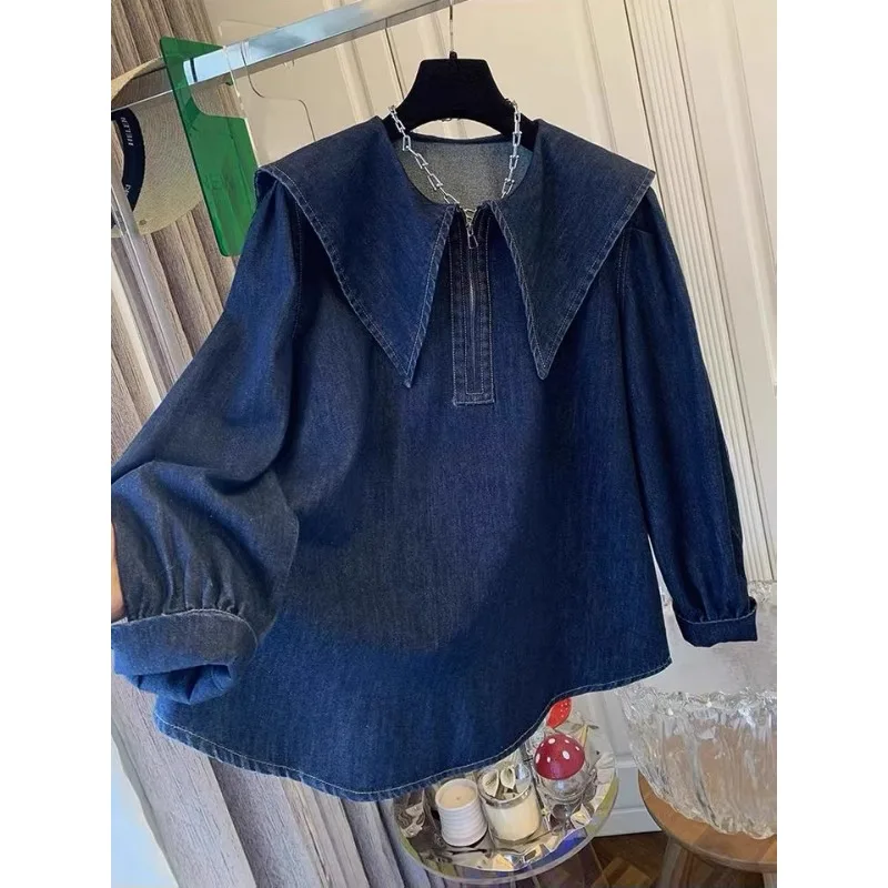 

SuperAen, джинсовые топы в корейском стиле в стиле ретро, женские осенние топы с воротником Питера Пэна, свободный дизайн с длинными рукавами, пуловеры, топы