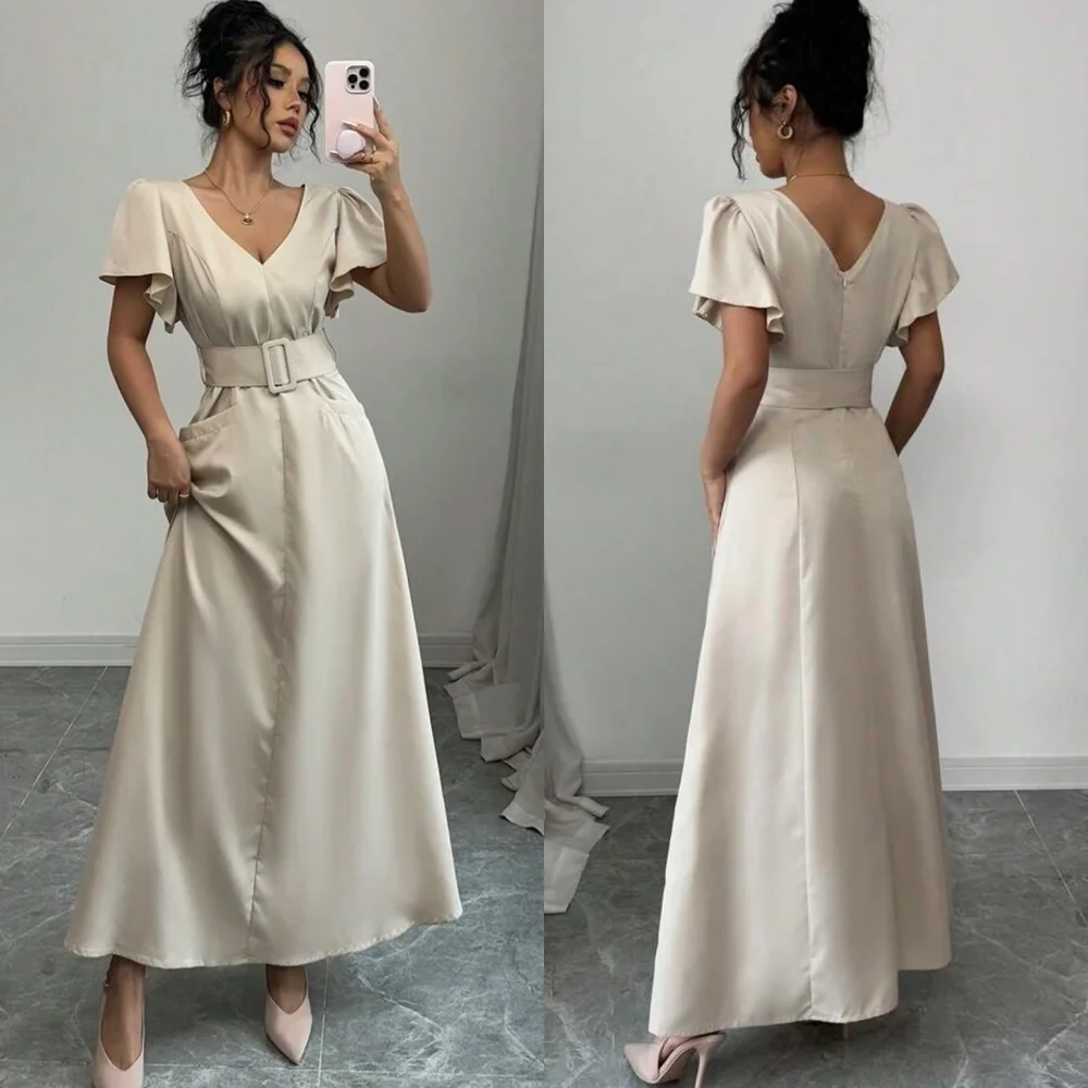 

Customized Chinese Style Charmeuse Sash Pleat A-line V-neck Midi Dresses Bespoke Occasion Sizes Available